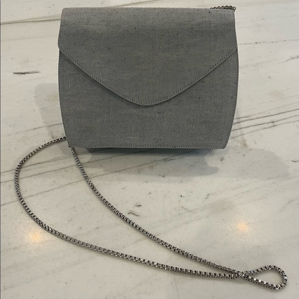 Grey Linen Shoulder Bag with Silver Chain